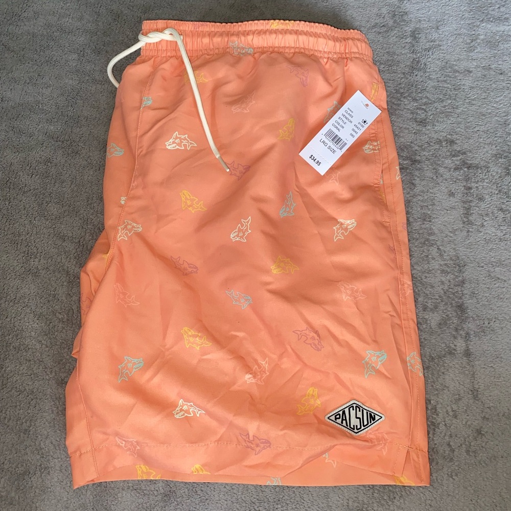 Men’s Pacsun Swim Trunks- Coral/sharks